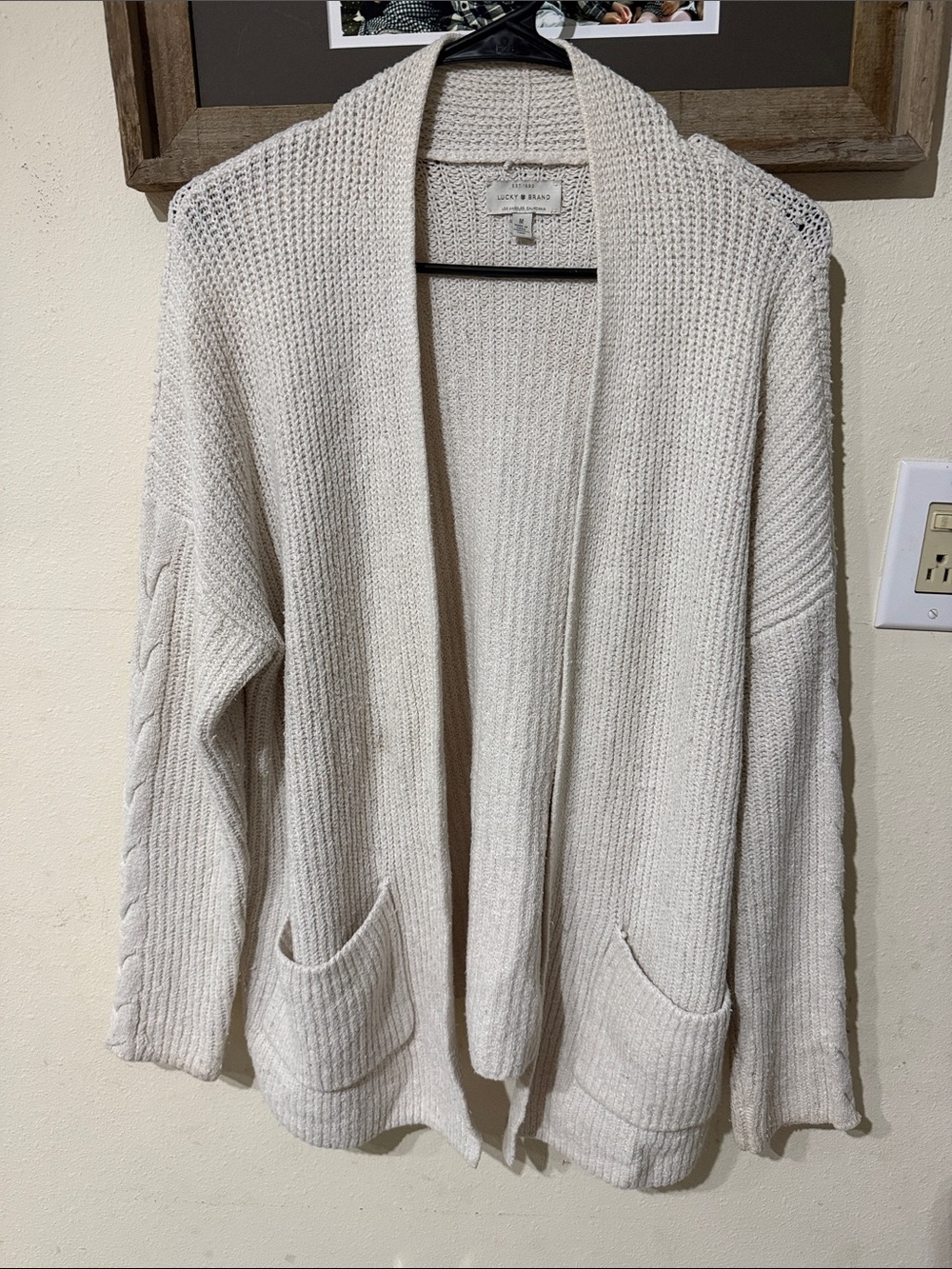 Lucky Brand Soft Cream Oversized Open-Front Knit Cardigan with Pockets